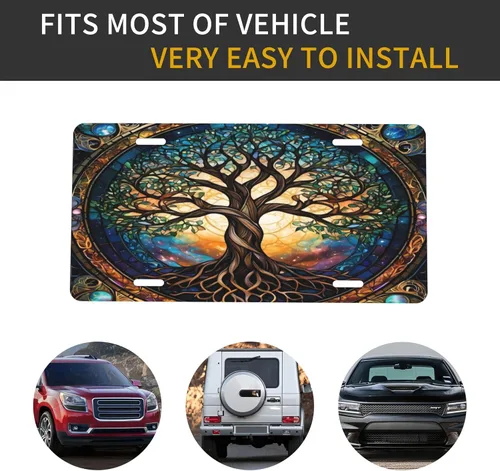 Vista 6 de Árbol de la vida - Placa de matrícula colorida abstracta divertida de aluminio para placas delanteras decorativas, impermeables, sin óxido