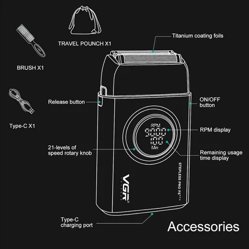 Vista 5 de VGR 378 Electric Shavers for Men, Triple Floating Blade Foil Shaver Cordless Men's Electric Razor, 9000 RPM Motor Bald Shavers Titanium Foils with