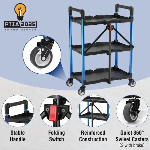 Vista 5 de WORKPRO Carrito de servicio plegable de 3 niveles, carrito de servicio plegable de 210 LBS con ruedas, carrito de herramientas portátil para garaje