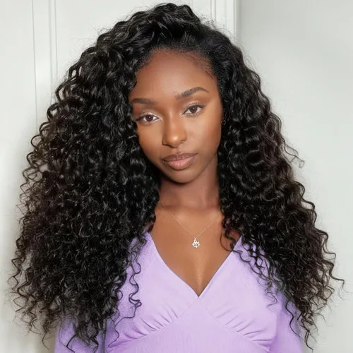 Vista 10 de Media Peluca de Cabello Humano Rizado de Jerry 200% de Densidad, Sin Pegamento, Lista para Usar, Pelucas de Cabello Humano 3 en 1, Medias Pelucas