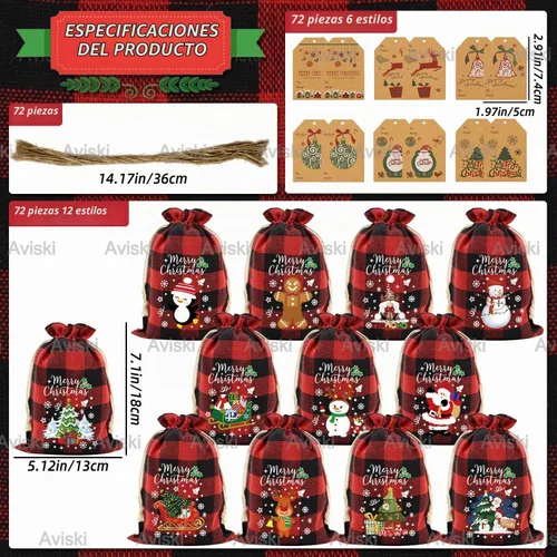 Vista 3 de Aviski 36 unidades de bolsas de regalo de Navidad con cordón de algodón, diseño a cuadros de búfalo, bolsas de dulces de Navidad, bolsas de regalo