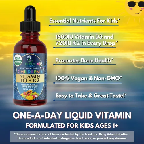 Vista 4 de Gotas líquidas USDA orgánicas de vitamina D3 K2 Suplemento de vitamina D3 K2 para niños y niños pequeños de 1 año en adelante Suplemento