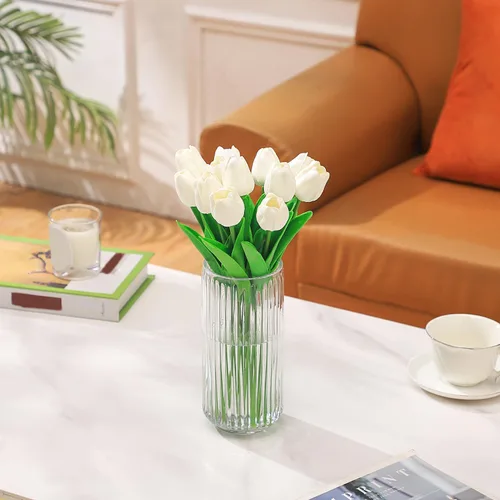 Vista 3 de Jarrón de vidrio acanalado, jarrones de flores para ramo, jarrones de vidrio transparente para flores, moderno jarrón acanalado para sala de estar