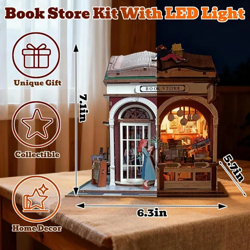 Vista 3 de Rompecabezas de madera 3D, kits de rincón de libros para adultos, kits de construcción de casas en miniatura, manualidades de madera