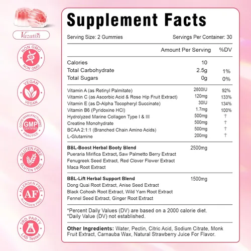 Vista 5 de BBL - Gomitas de botín para mujer, esculpir, levanta y reafirma los glúteos, monohidrato de creatina, vitaminas y mezcla de hierbas BBL, aumenta