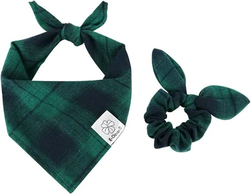 Vista 13 de E-Clover Bandana de Perro a Cuadros Marrón y Scrunchie a Juego - Bandana de Perro de Otoño Triangular a Cuadros Bufanda Babero para Mascotas