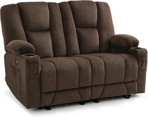 Vista 14 de MCombo Zero Gravity - Sofá reclinable eléctrico de 3 plazas con consola, masaje de calor y vibración, sofá reclinable para sala de estar, tela Marrón