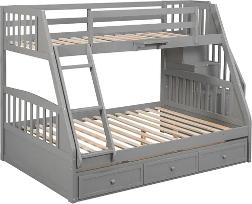Vista 42 de DEINPPA Litera individual sobre individual e individual con escalera, litera triple de madera con escalera y espacio de almacenamiento integrado