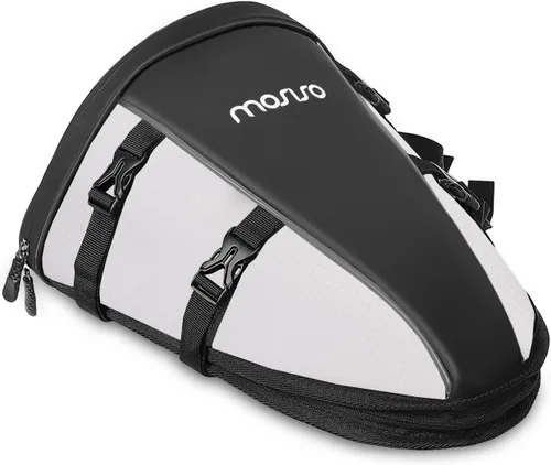 Vista 12 de MOSISO Bolsa de cola de motocicleta, multifuncional, impermeable, de poliéster, bolsa de sillín de almacenamiento, 10L, deportes al aire libre, Negro