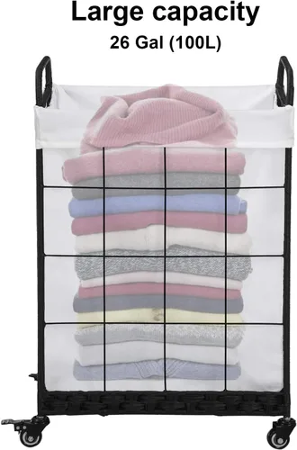 Vista 8 de Cesta de lavandería resistente con ruedas enrollables con cerradura, cesta de lavandería duradera y plegable con bolsa extraíble y asa de metal