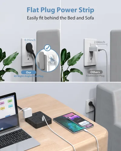 Vista 6 de Regleta de alimentación de enchufe plano con 12 salidas 6 USB (2 USB C), estación de carga con protector de subida de tensión SMNICE con protección