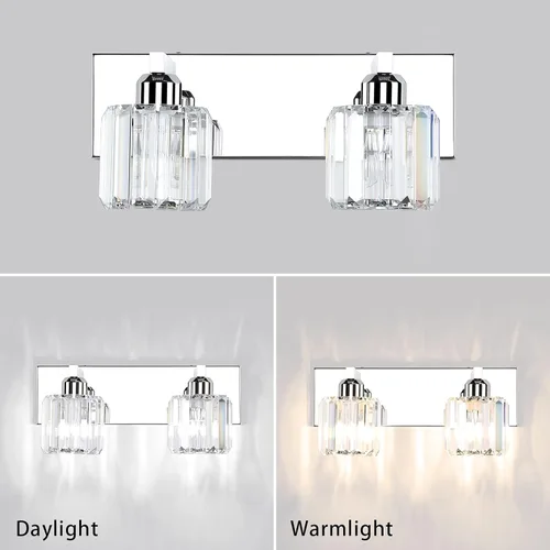 Vista 6 de Aipsun Accesorios de iluminación de tocador de baño, luces de tocador de cristal para baño, 2 luces, accesorios de iluminación de pared de acero