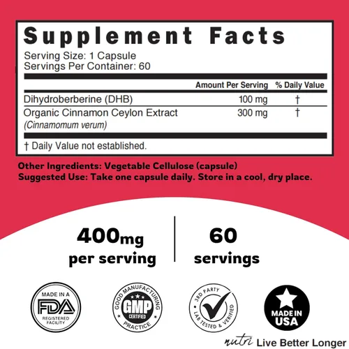 Vista 6 de Nutri - Suplemento de dihidroberberina de 100 mg 60 cápsulas con 300 mg de extracto orgánico de canela de Ceilán, 54 veces más biodisponible que