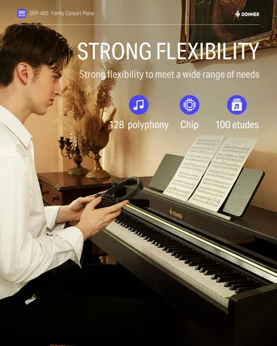 Vista 9 de Donner 88 teclas con teclado ponderado, piano vertical premium para principiantes a profesionales, teclado eléctrico de tamaño completo