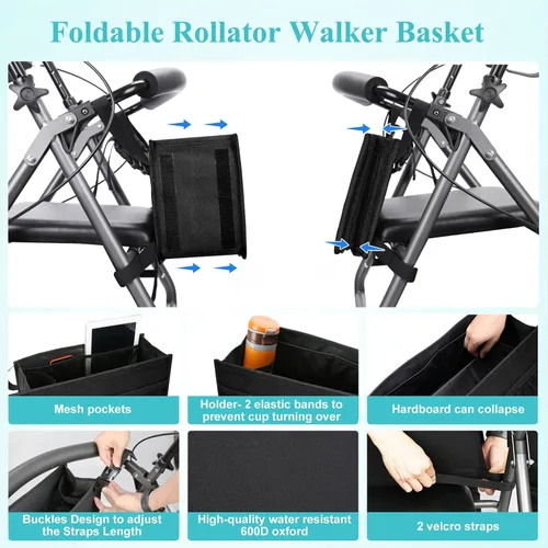 Vista 4 de Cesta para andador Dotday con porta copa, accesorios para andador fáciles de usar, bolsa de almacenamiento plegable, nunca se vuelca