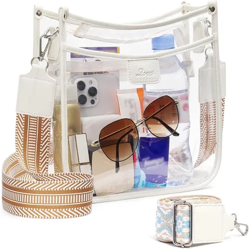 Vista 10 de Bolsa transparente grande de 3 bolsillos para eventos de estadio con 2 correas largas para mujer, bolsa cruzada para conciertos, aprobado