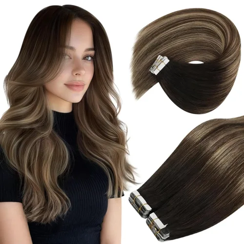 Vista 31 de Ve Sunny Extensiones de cabello humano real con cinta, cabello humano Remy, lacio, doble cara, color marrón oscuro, balayage, rubio dorado oscuro