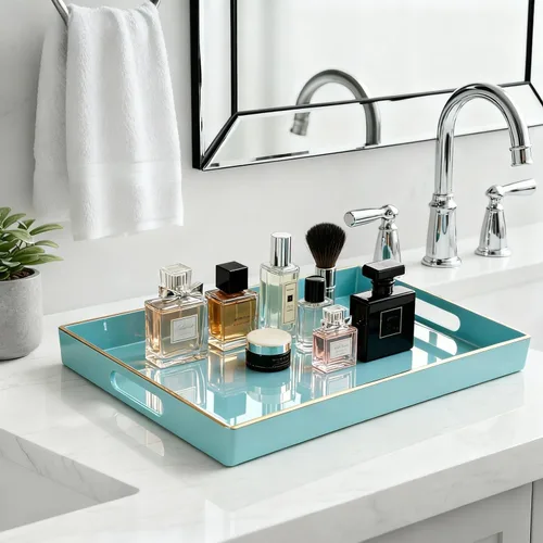 Vista 6 de Zosenley - Bandeja decorativa de plástico con asas, organizador moderno de tocador para baño, cocina, otomano y mesa de café (Azul, Rectangular)