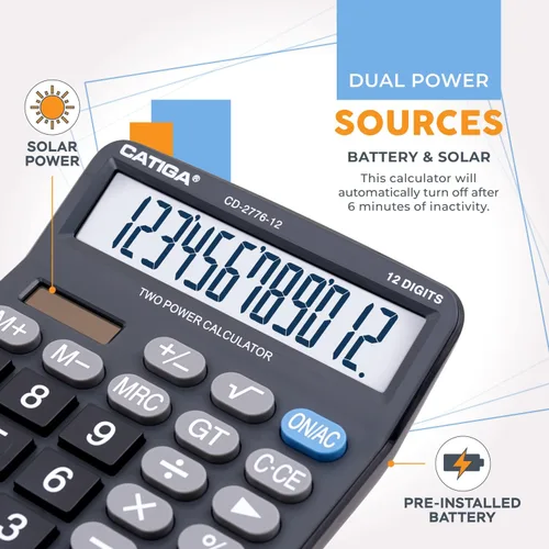Vista 51 de CATIGA CD-2786 - Calculadora de escritorio de 12 dígitos con pantalla LCD grande y botón sensible, energía solar dual y batería, función estándar