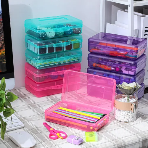 Vista 6 de Fainne Paquete de 24 cajas de lápices para la escuela, estuche de plástico transparente grande, caja de lápices de plástico grande apilable a granel