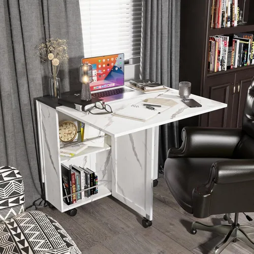 Vista 5 de 3imothrix Mesa de comedor plegable, mesa de comedor con cajón y almacenamiento y estantes, mesa de comedor que ahorra espacio con 6 ruedas, mesa