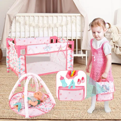 Vista 6 de deAO Cochecito para Muñeca Bebé Cuna Cama Guardería Juego de Rol Set Accesorios para Muñeca Bebé y Tapete de Juego, Cuna de Viaje, Cochecito
