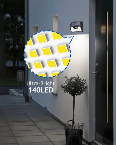 Vista 8 de Peasur Luces solares impermeables para exteriores, paquete de 4 140 luces LED con sensor de movimiento, 3 modos de luces de seguridad alimentadas