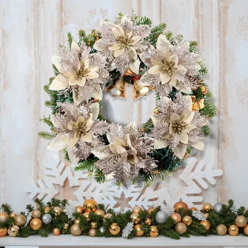 Vista 5 de 12 flores artificiales de Navidad con purpurina para corona de Navidad, adornos de árbol de Navidad con 12 tallos y clips (dorado)