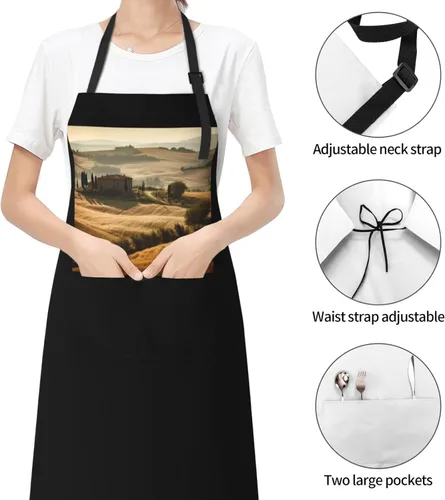 Vista 6 de View of Typical Tuscany Landscape Aprons for Women with 2 Pockets, Kitchen Cooking Apron for Men, Water and Oil Resistant, Adjustable Bib Apron