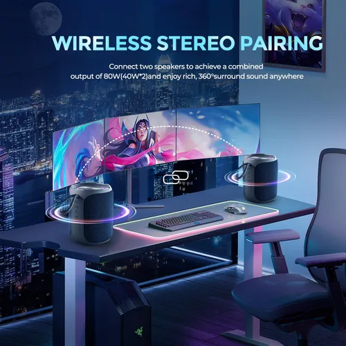 Vista 4 de YEAHBOX Altavoz Bluetooth portátil, Bluetooth 5.3 40W estéreo inalámbrico con graves profundos, luces RGB, IPX7 impermeable, batería de larga
