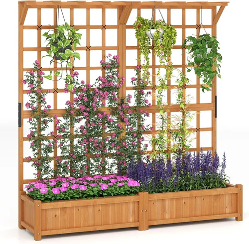 Vista 18 de Giantex Cama de jardín elevada con enrejado, maceta de madera de 72 pulgadas para exteriores con techo de pantalla de privacidad, maceta de jardín