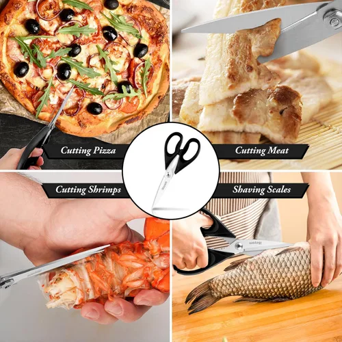 Vista 7 de iBayam Tijeras de cocina multiusos con funda protectora, tijeras de acero inoxidable duraderas, aptas para lavavajillas, mango cómodo de agarre suave