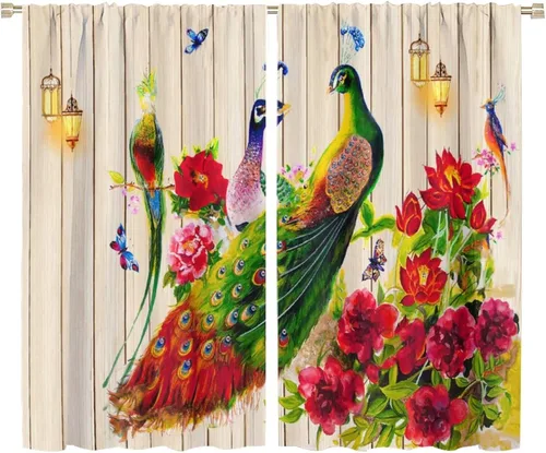 Vista 39 de Cortinas opacas de pavo real, hermoso patrón de estampado de flores de pavo real azul, estampado de mariposas y pavo real, juego de 2 paneles