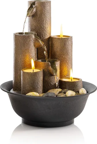 Vista 11 de Alpine Corporation WCT202 Fuente de agua escalonada de mesa interior con 3 velas para escritorio y mesa, 11 pulgadas, marrón