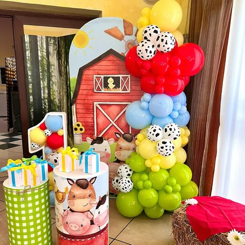 Vista 6 de Kit de guirnalda de arco de globos de vaca de 138 piezas, decoración de fiesta de animales de granja, globos con estampado de animales rojos