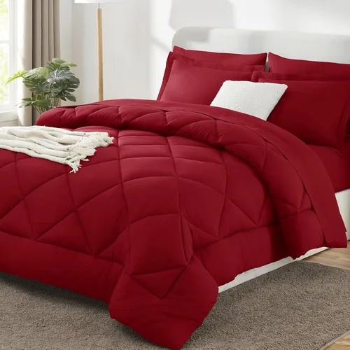 Vista 226 de CozyLux Juego de edredón de tamaño Queen, rojo burdeos, toda la ropa de cama en una sola bolsa, 7 piezas: edredón, fundas de almohada y de almohada