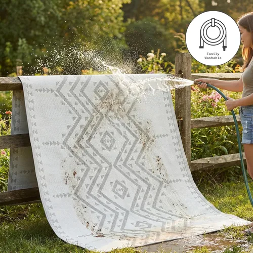 Vista 8 de Fab Habitat - Alfombra de exterior azteca, impermeable, resistente a la decoloración, sin arrugas, plástico reciclado de primera calidad, a rayas