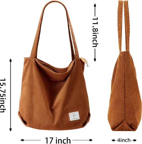 Vista 2 de KALIDI - Bolso de mano de pana con cremallera para mujer, bolso de hombro de gran capacidad con bolsillos