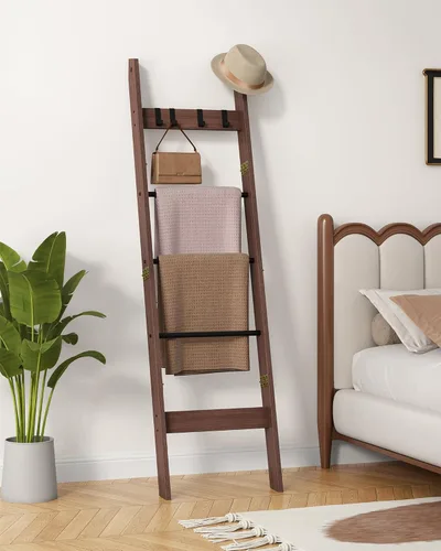 Vista 37 de Escalera para manta para sala de estar, estante decorativo para edredón con 4 ganchos extraíbles, 5 niveles de soporte de escalera de granja Blanco
