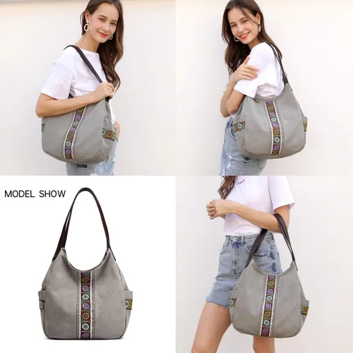 Vista 2 de Worldlyda Women Canvas Hobo Purse Multi Pocket Tote Shopper Shoulder Bag Casual Top Handle handbag with Embroidery Ethnic