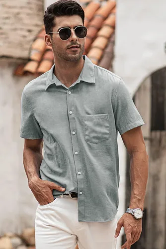 Vista 87 de JMIERR Camisas de vestir a rayas con botones y manga corta para hombre