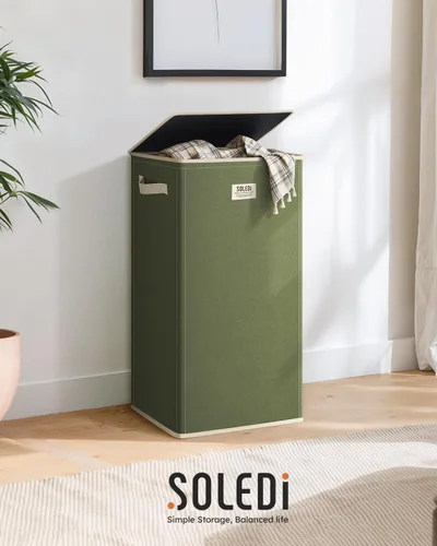 Vista 9 de SOLEDI - Canasta de lavandería con tapa de 100L, canasta de ropa plegable grande y alta, cesta de lavandería con bolsa removible fácil