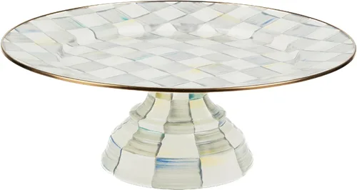 Vista 9 de MACKENZIE-CHILDS Plato de pedestal esmaltado, soporte redondo para tartas, grande, a cuadros cortesanos en blanco y negro