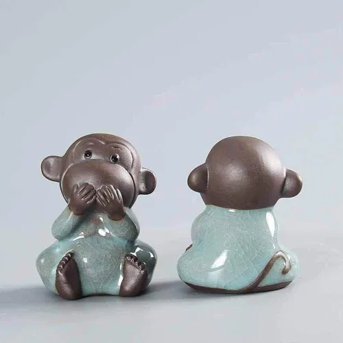 Vista 7 de Estatua de 4 monos sabios, Creative Hear No Evil, See No Evil, Speak No Evil, Do No Evil Monkey Figurines, Ge Kiln Ice Crack Wisdom Monkey Tea Pets