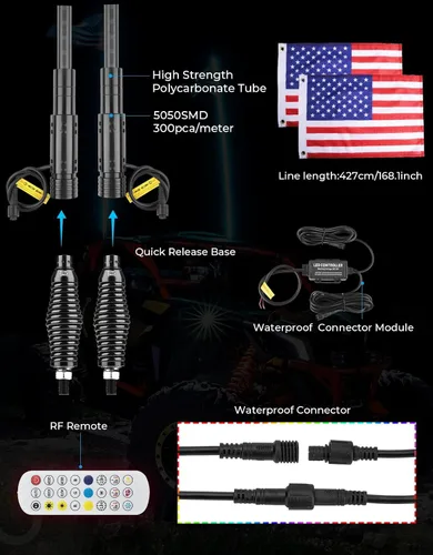 Vista 5 de KEMIMOTO 2 luces de látigo de 3 pies con base de resorte para lado a lado, luces LED de látigo para UTV, ATV, barco, todoterreno, control remoto RF