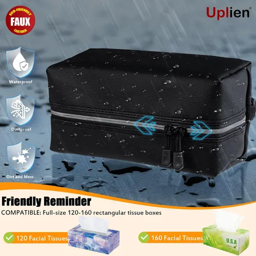 Vista 2 de Car Tissue Holder for 120-160-230 Count Kleenex Facial Tissues Box - Waterproof Zipper Cover, Soft Black Leather with Adjustable Strap, Ideal for