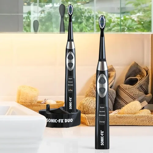 Vista 3 de Sonic-FX Duo - Juego de cepillos de dientes eléctricos recargables, con 14 cabezales de cepillo, 3 modos, temporizador automático inteligente, Negro