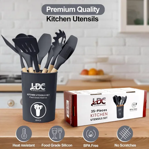 Vista 2 de LDC - Juego de utensilios de cocina de silicona de 35 piezas con soporte, silicona de grado alimenticio sin BPA, asas de madera resistentes al Gris