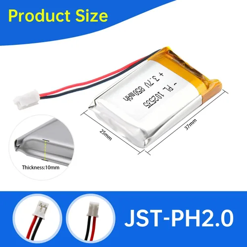 Vista 3 de 102535 3.7V Lipo Batería 850mAh 102535 Batería recargable de polímero de litio con conector JST PH2.0.000 in para dispositivo electrónico