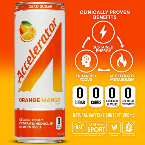 Vista 5 de Bebida energética Accelerator, sabor naranja y mango, 12 onzas (paquete de 12), sin azúcar, energía sostenida de cafeína 100% natural